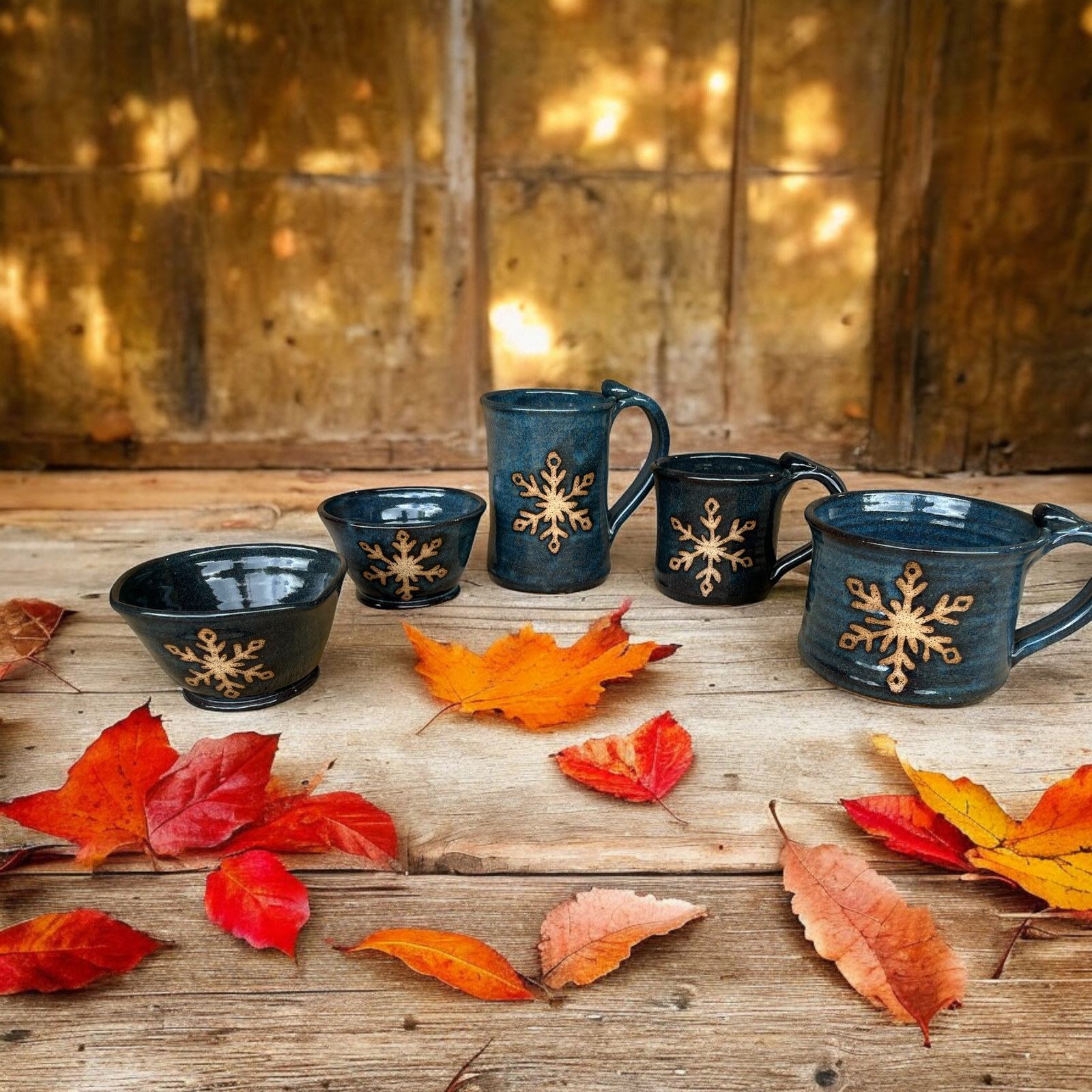 Blue woodland stoneware in an autumn setting