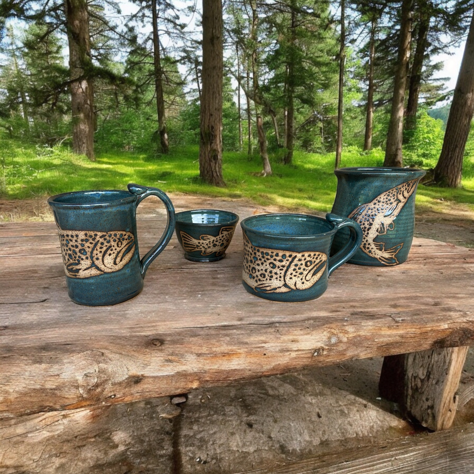 Stoneware displayed in the Maine woods