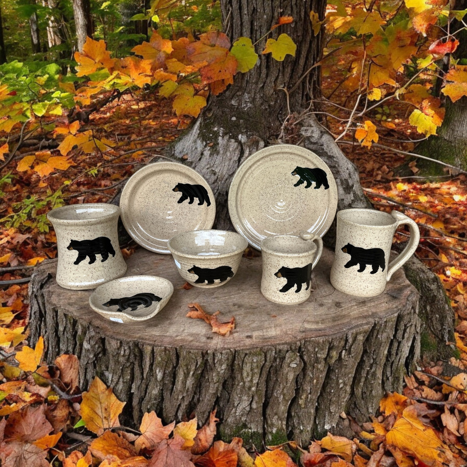 Hand-painted stoneware with black bear designs